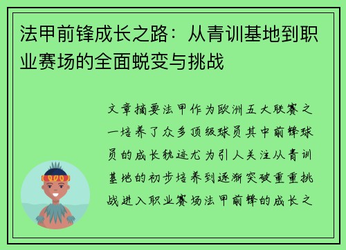 法甲前锋成长之路：从青训基地到职业赛场的全面蜕变与挑战